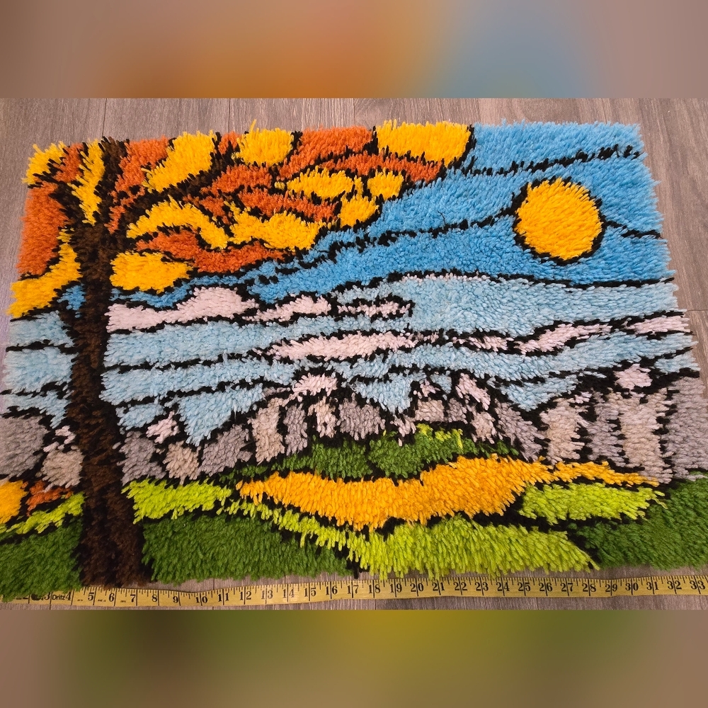 Handmade Latch Hook Landscape Rug - Bright Sunset Colors